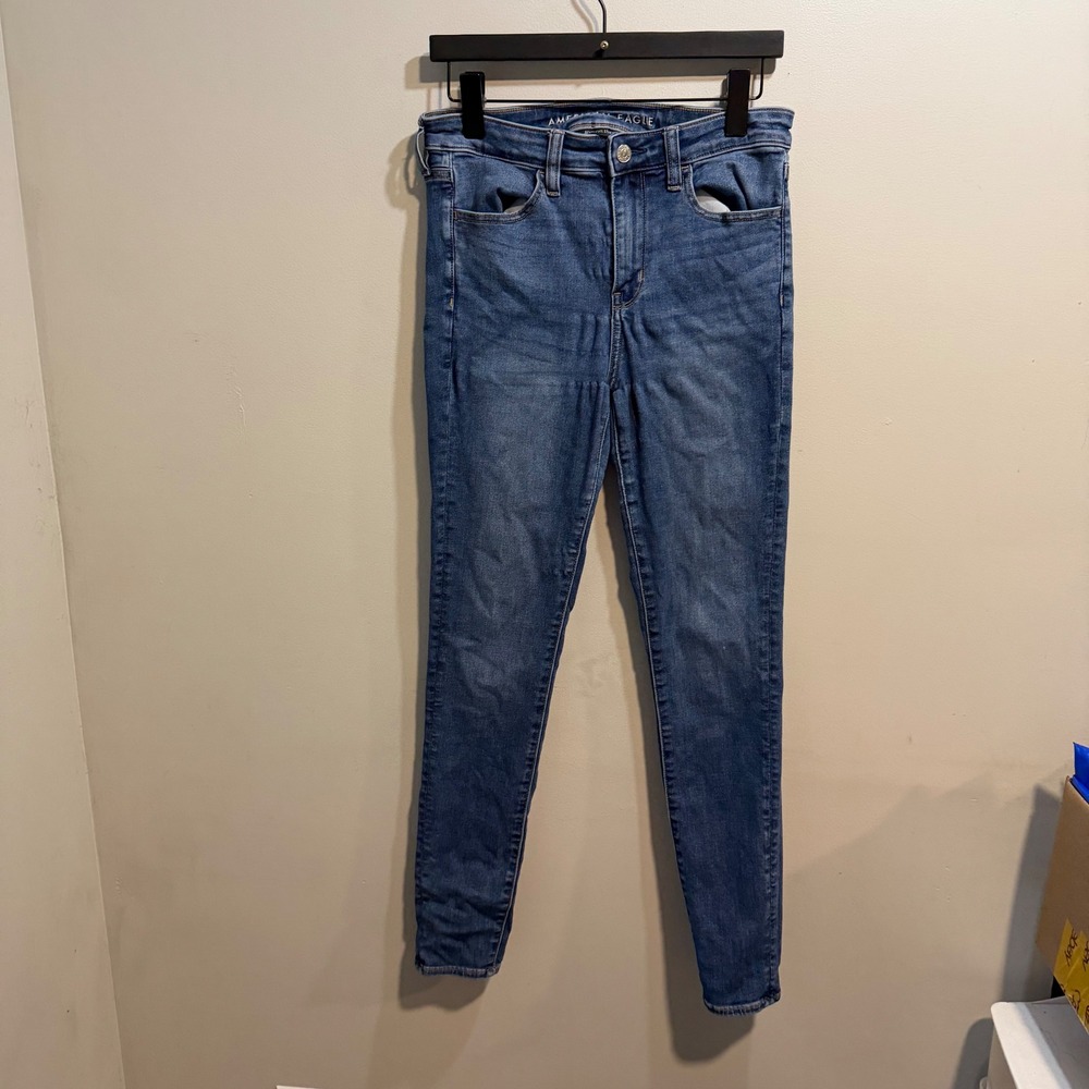 American Eagle Super Stretch Skinny Jeans Womens 8 Long Medium Wash Blue Denim